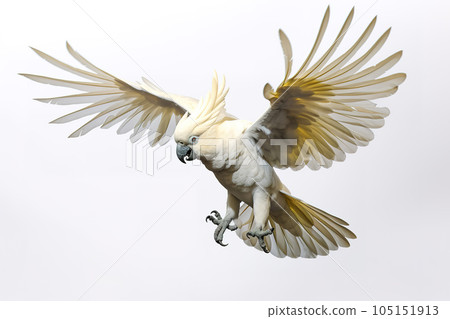 Image of a sulphur-crested cockatoo with spread wings in flight on a white background. Wildlife. Bird. Illustration, Generative AI. 105151913