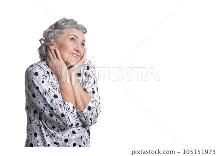 happy senior woman posing isolated on white background happy senior woman posing isolated on white background 105151973