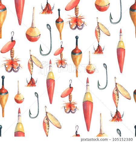 Seamless pattern with fishing tackle, bobber float,, hooks and lures. Hand drawn watercolor painting isolated on white background, cut out clip art element for textile, postcards, scrapbooking. 105152380