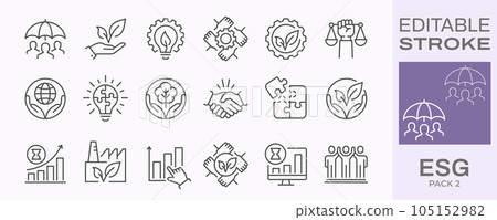ESG icons, such as environment social governance, ecology, financial performance, sustainable developmen and more. Editable stroke. 105152982