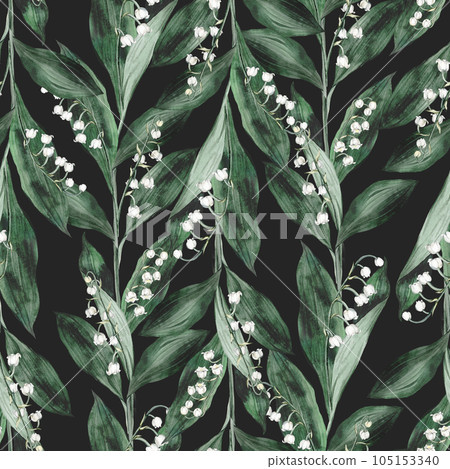 Floral pattern spring lily of the valley. Watercolor seamless background flowers. Cute Print for textile design or wallpaper. Hand drawn texture with flowers, buds, leaves and stems. Floral pattern spring lily of the valley. Watercolor seamless background flowers. Cute Print for textile design or wallpaper. Hand drawn texture with flowers, buds, leaves and stems. 105153340