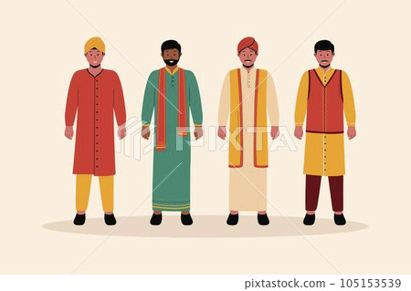 Man Indian in traditional clothes illustration. Traditional costumes. Group indian male cartoon characters. Flat vector illustration isolated on white background 105153539