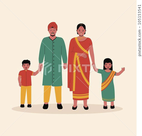 Family Indian in traditional clothes illustration. Traditional costumes. Group indian family cartoon characters. Flat vector illustration isolated on white background Family Indian in traditional clothes illustration. Traditional costumes. Group indian family cartoon characters. Flat vector illustration isolated on white background 105153541