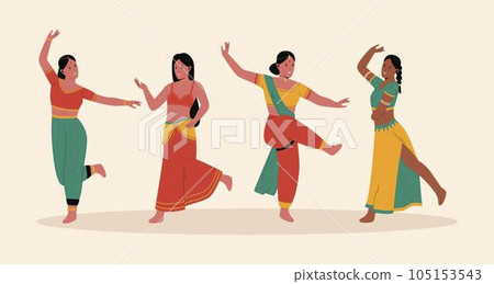 Indian woman performing traditional dance illustration set. Traditional costumes. Group indian female cartoon characters. Flat vector illustration isolated on white background Indian woman performing traditional dance illustration set. Traditional costumes. Group indian female cartoon characters. Flat vector illustration isolated on white background 105153543