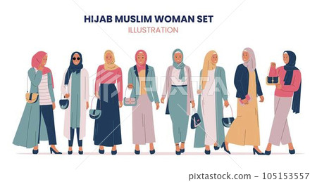 Vector set of stylish muslim women. Female muslim hijab dress collection. Flat vector illustration isolated on white background Vector set of stylish muslim women. Female muslim hijab dress collection. Flat vector illustration isolated on white background 105153557
