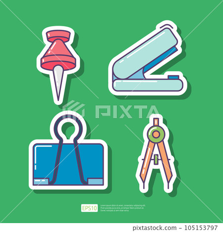 Paper pushpin, office stapler, architecture compass, paper binder clip. School or office stationery sticker icon set. Vector Collection Illustration 105153797