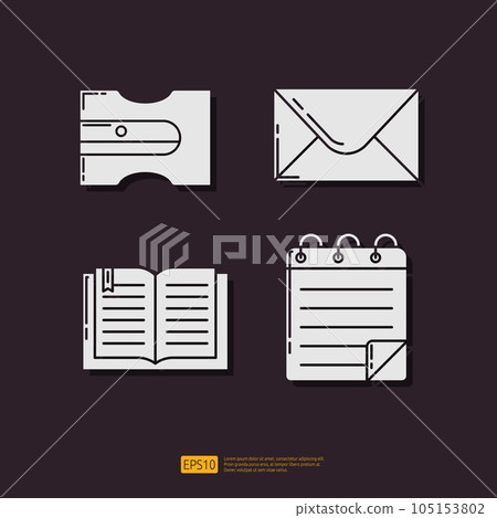 Pencil sharpener, paper envelope email, open reading text book, document note. School or office stationery glyph icon set. Vector Collection Illustration Pencil sharpener, paper envelope email, open reading text book, document note. School or office stationery glyph icon set. Vector Collection Illustration 105153802