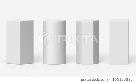 White 3d render pillar podium. Cylinder, square and hexagon column platform set, empty display stage in museum, stand for product presentation. Abstract geometric shape isolated icons. 3D illustration 105153883
