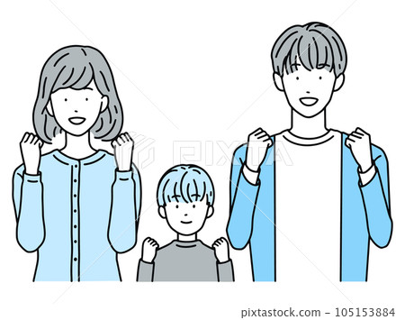 A couple and children who are happy to do a guts pose Men & women A couple and children who are happy to do a guts pose Men & women 105153884