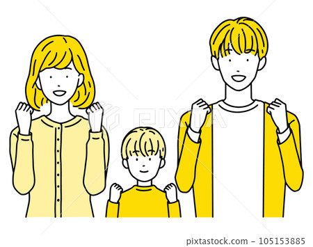 A couple and children who are happy to do a guts pose Men & women A couple and children who are happy to do a guts pose Men & women 105153885