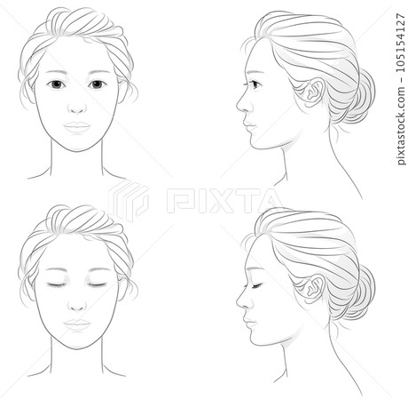 Line drawing illustration set of a young woman's face 105154127