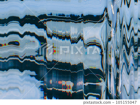 Error distortion. Marble pattern. Glitch background. Digital screen with gray white blue neon blurred zigzag lines texture. Error distortion. Marble pattern. Glitch background. Digital screen with gray white blue neon blurred zigzag lines texture. 105155047