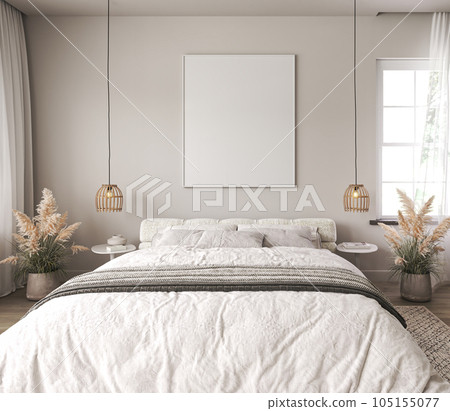 Light beige home interior wall mock up with white bed, wooden floor and dry plant in coastal bedroom. Empty picture frame mockup. Free space on front. 3d rendering. High quality 3d illustration Light beige home interior wall mock up with white bed, wooden floor and dry plant in coastal bedroom. Empty picture frame mockup. Free space on front. 3d rendering. High quality 3d illustration 105155077