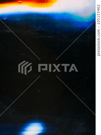 Glitch overlay. Old film effect. Abstract background. Colorful glowing blue orange smearing layers frame texture on scratched surface free space. 105155462