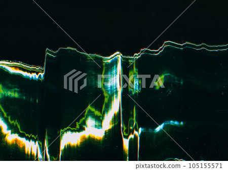 Glitch light. Old film. Overlay background. Abstract pattern of dark surface with glowing blue green smearing noise lines texture. 105155571