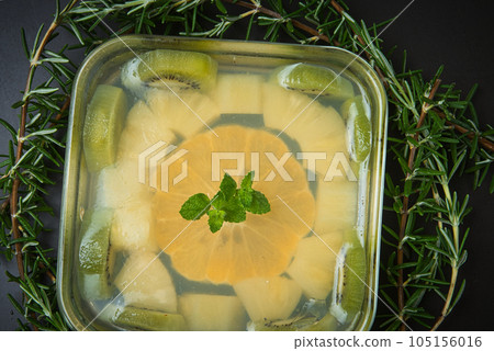 Cold dessert perfect for summer: agar jelly with homemade fruit Cold dessert perfect for summer: agar jelly with homemade fruit 105156016