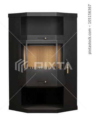 Modern fireplaces for heating from metal and heat-resistant glass. Boiler for solid fuel isolated on white background. 105156367