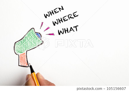 Where When What questions concept. Drawn megaphone on a white background 105156607