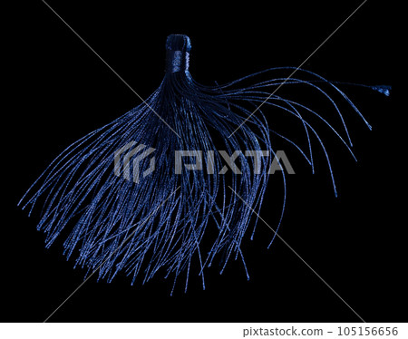 Blue Silk Tassel for decorating. Indian culture hang Tassel for moving wind blow and elegance look. Tassel has many color spinning in air. Black background isolated freeze motion 105156656