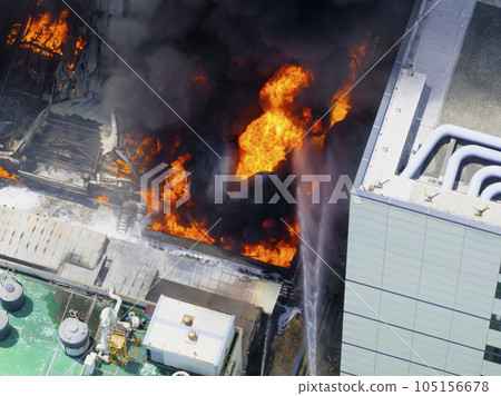 Aerial view Fire industrial building Multi-storey Aerial view Fire industrial building Multi-storey 105156678