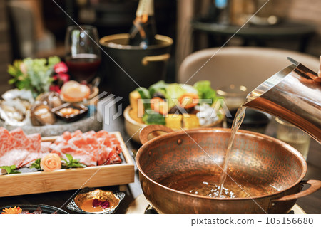 Seafood cuisine plate beef sliced meat hot pots. Seafood cuisine plate beef sliced meat hot pots. 105156680