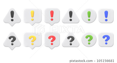 3D vector question and exclamation marks on different shapes and bubbles. FAQ icons in different colors. Customer support. Question answer sign. Cartoon 3d concept. Vector illustration 3D vector question and exclamation marks on different shapes and bubbles. FAQ icons in different colors. Customer support. Question answer sign. Cartoon 3d concept. Vector illustration 105156681