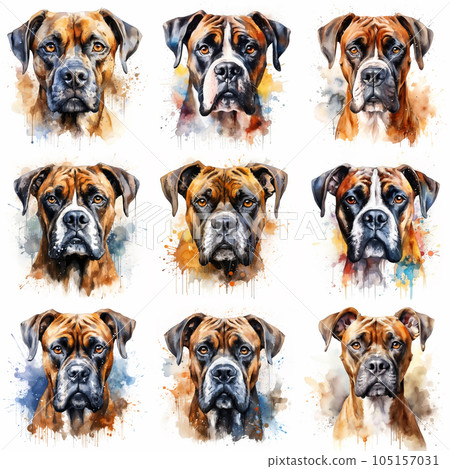 Set of dogs breed Boxer painted in watercolor on a white background in a realistic manner. Ideal for teaching materials, books and designs, postcards, posters. 105157031