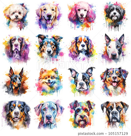 Set of dogs of various breeds painted in watercolor on a white background in a realistic manner, colorful, rainbow. 105157129