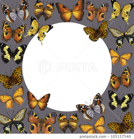Round frame beautiful butterflies, yellow orange. Hand-drawn watercolor illustration isolated on white background. Can be used for card, poster, logo Round frame beautiful butterflies, yellow orange. Hand-drawn watercolor illustration isolated on white background. Can be used for card, poster, logo 105157540