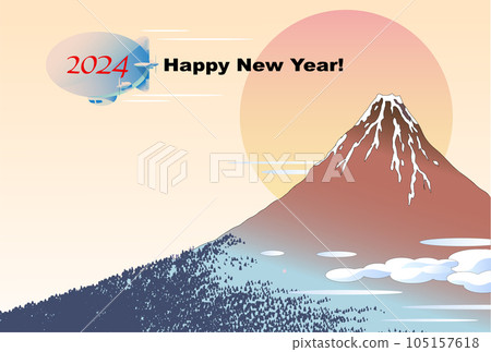 飛艇飛向浮世繪風景的紅富士的賀年片素材 105157618