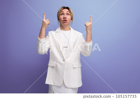 smart successful young blond career woman in white elegant jacket and skirt 105157735