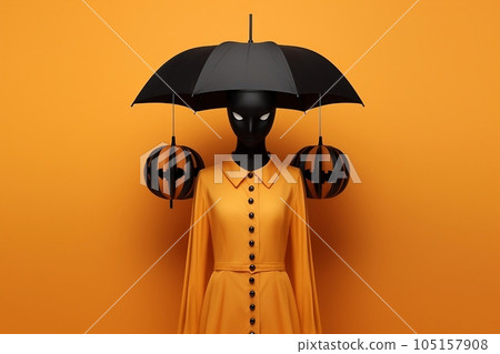 The image of a woman with an umbrella on her head and pumpkins. Surrealism for Halloween The image of a woman with an umbrella on her head and pumpkins. Surrealism for Halloween 105157908