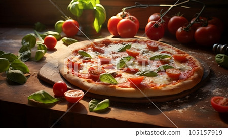 Pizza margarita with tomatoes is on the table 105157919