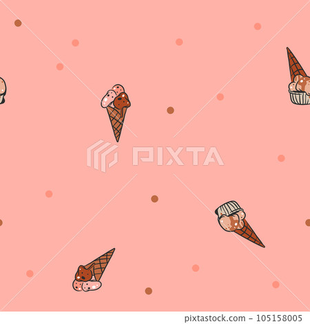 Hand drawn vector abstract graphic ice cream cone ,sundae line art illustrations seamless pattern.Ice cream dessert vector illustration design concept art. Sweet dessert cute doodle summer pattern. 105158005