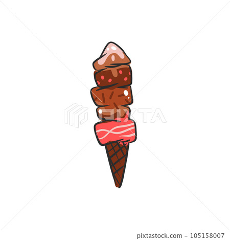 Hand drawn vector abstract cartoon ice creram waffle cone,sundae line art illustration .Ice cream dessert vector illustration design concept.Sweed food ,ice dessert cute doodle illustration isolated. 105158007