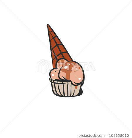 Hand drawn vector abstract cartoon ice creram waffle cone,sundae line art illustration .Ice cream dessert vector illustration design concept.Sweed food ,ice dessert cute doodle illustration isolated. 105158010