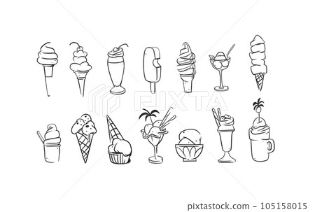 Hand drawn vector abstract cartoon ice creram cone,sundae line art illustration set.Ice cream dessert vector illustration design concept. Sweed food ,ice dessert cute doodle illustration isolated. 105158015