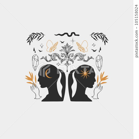 Hand drawn vector abstract,graphic magic witch woman,moon,flowers and stars in minimalistic modern line art style illustration.Moon and star outline design concept.Celestial witch sacred boho female. 105158024