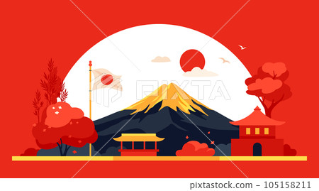 Mount Fuji at sunrise - modern colored vector illustration 105158211