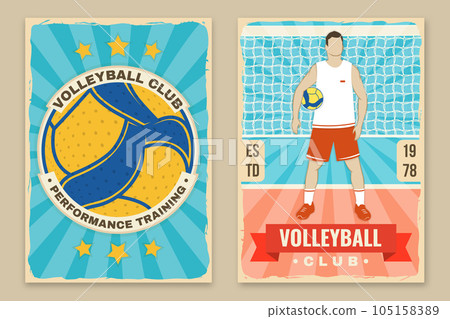 Set of Volleyball club retro poster, banner design. Vector illustration. For college league sport club emblem, sign, logo. Vintage retro poster, banner design with volleyball ball, player silhouettes. Set of Volleyball club retro poster, banner design. Vector illustration. For college league sport club emblem, sign, logo. Vintage retro poster, banner design with volleyball ball, player silhouettes. 105158389