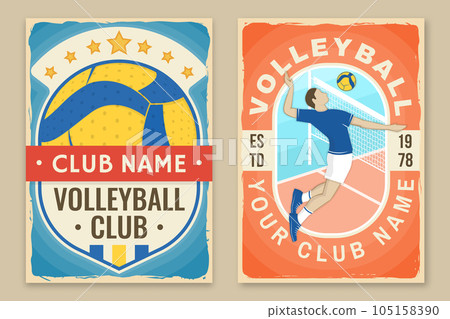 Set of Volleyball club retro poster, banner design. Vector illustration. For college league sport club emblem, sign, logo. Vintage retro poster, banner design with volleyball ball, player silhouettes. 105158390