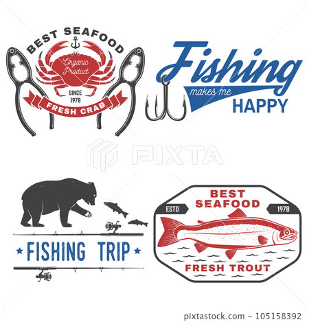 Set of fishing and seafood badges, logos, labels, sticker. Vector. For emblem, sign, patch, shirt, menu restaurants with fishing rods, hook, tuna, trout, shrimp, octopus silhouette Set of fishing and seafood badges, logos, labels, sticker. Vector. For emblem, sign, patch, shirt, menu restaurants with fishing rods, hook, tuna, trout, shrimp, octopus silhouette 105158392