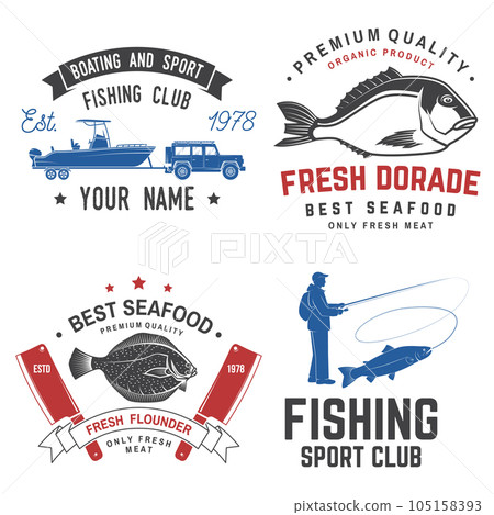 Set of fishing and seafood badges, logos, labels, sticker. Vector. For emblem, sign, patch, shirt, menu restaurants with alaska sole or flounder, dorade, fishing rods, fisherman, boat, yacht, hook 105158393