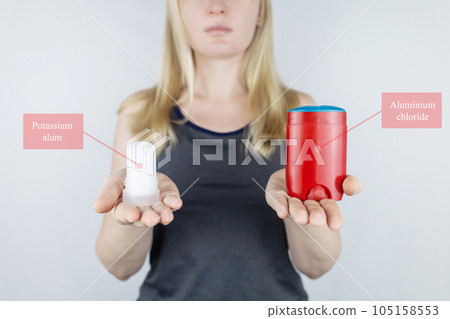 left or right. Girl chooses between eco-friendly deodorant without toxins and antiperspirant with toxic elements. In left hand Mineral alum crystal stick, in right hand classic remedy chemical nature left or right. Girl chooses between eco-friendly deodorant without toxins and antiperspirant with toxic elements. In left hand Mineral alum crystal stick, in right hand classic remedy chemical nature 105158553