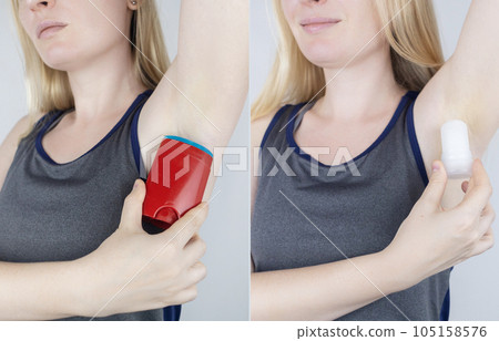 Before and after. Mineral alum crystal stick and antiperspirant containing aluminum chloride. On left photo, girl smears her armpit with toxic deodorant. On right, it environmentally friendly product Before and after. Mineral alum crystal stick and antiperspirant containing aluminum chloride. On left photo, girl smears her armpit with toxic deodorant. On right, it environmentally friendly product 105158576