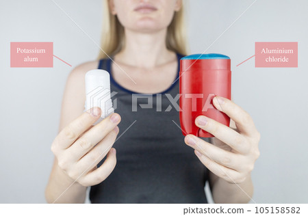 left or right. Girl chooses between eco-friendly deodorant without toxins and antiperspirant with toxic elements. In left hand Mineral alum crystal stick, in right hand classic remedy chemical nature left or right. Girl chooses between eco-friendly deodorant without toxins and antiperspirant with toxic elements. In left hand Mineral alum crystal stick, in right hand classic remedy chemical nature 105158582