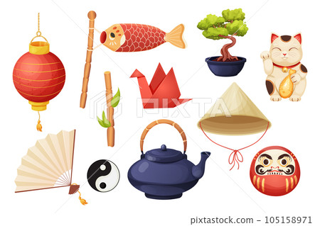 Japan set with traditional elements bonsai tree, koinobori flag, fun, maneki neko cat, origami crane and teapot with tea cups in cartoon style isolated on white background. Japan set with traditional elements bonsai tree, koinobori flag, fun, maneki neko cat, origami crane and teapot with tea cups in cartoon style isolated on white background. 105158971