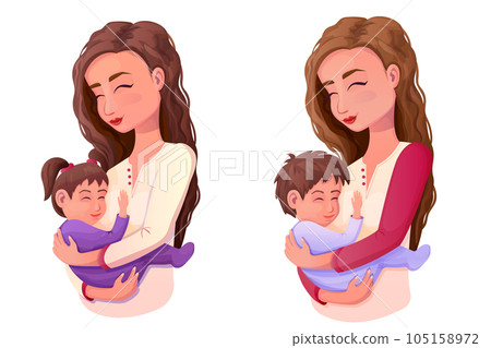 Set Mother with son and with daughter ,cute hug characters, mothers day in cartoon style isolated on white background. Childcare, sweet baby. 105158972