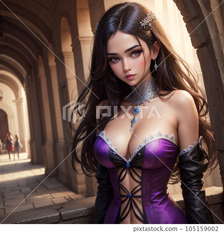 A girl in a dress is looking to the side A girl in a dress is looking to the side 105159002