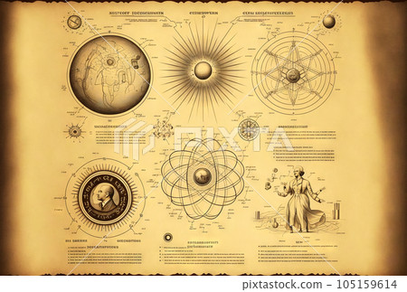 Ancient book illustration of quantum physics. Generative AI 105159614